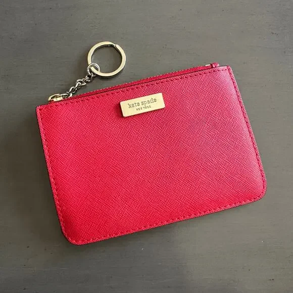 Kate Spade Bright Red Saffiano Leather Zip Top Card Holder Keychain Wallet - Picture 7 of 8